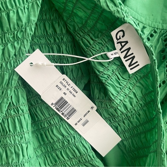 GANNI Green Smocked Eyelet Puff Sleeve Midi Dress Organic Cotton Size 8 - Picture 15 of 17